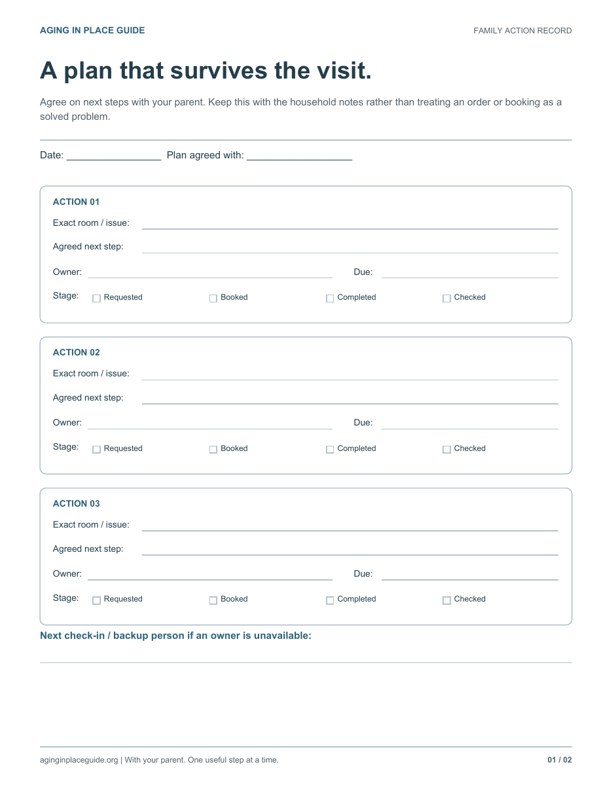 First-page preview of The family action record, with clear writing fields and soft blue headings