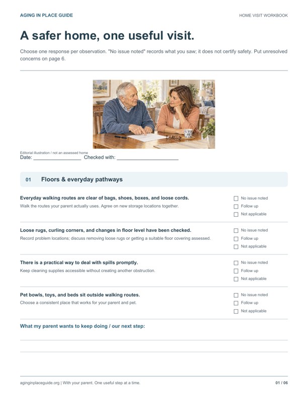 The designed home-visit workbook with a family illustration, observations, and writing fields
