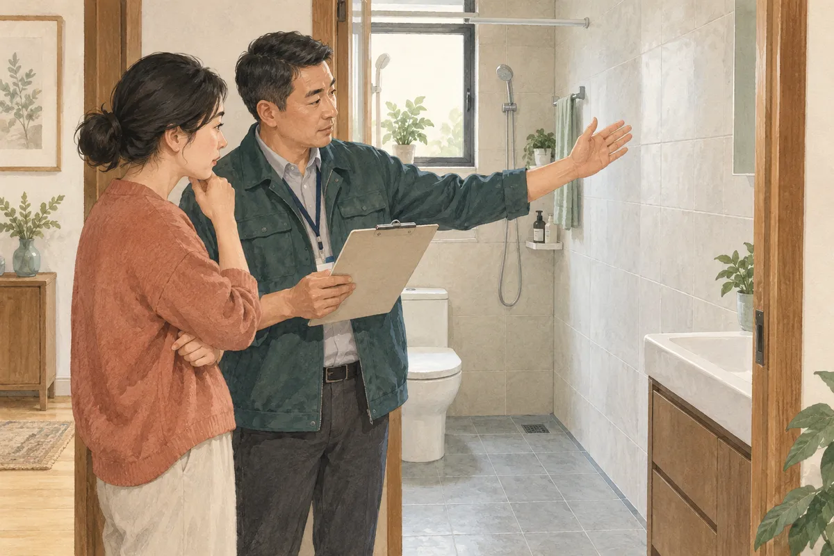 Illustrated home scene for Bathroom grab bars: what to check before installation