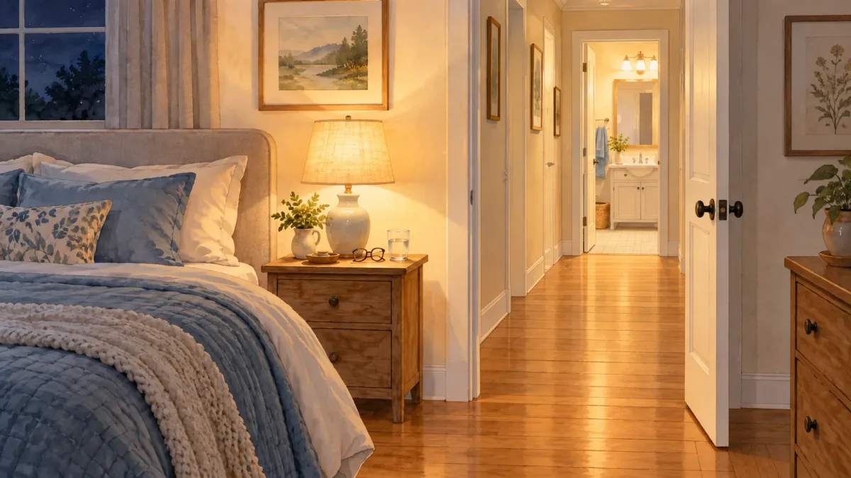 Illustrated home scene for Nighttime fall prevention: make the bathroom route easier